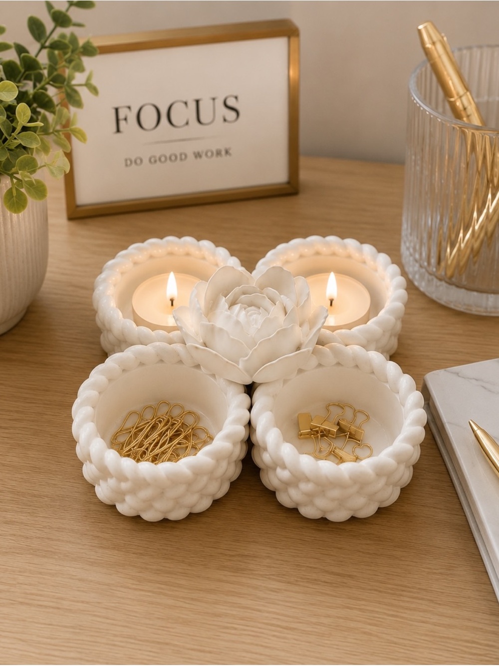 White Braided Ceramic Tea Light & Trinket Holder Set